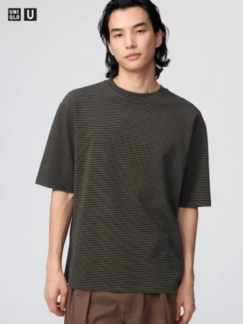 UNIQLO U AIRism Cotton Oversized Striped black tan T Shirt Men Half Sleeve Japan